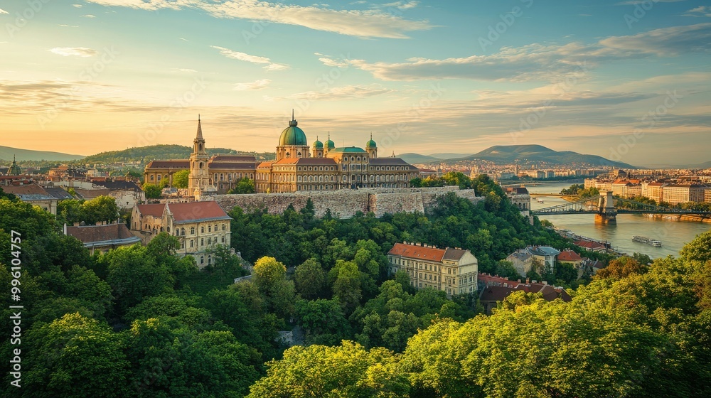 Naklejka premium The majestic Buda Castle towering over Budapest, surrounded by lush greenery, with the Chain Bridge connecting Buda and Pest in the distance.