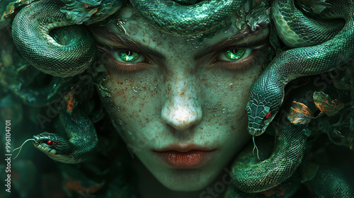 Medusa with snakes in her hair, featuring green and red colors against a dark background. Fantasy art style