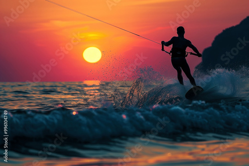 Silhouette water skier at sunset