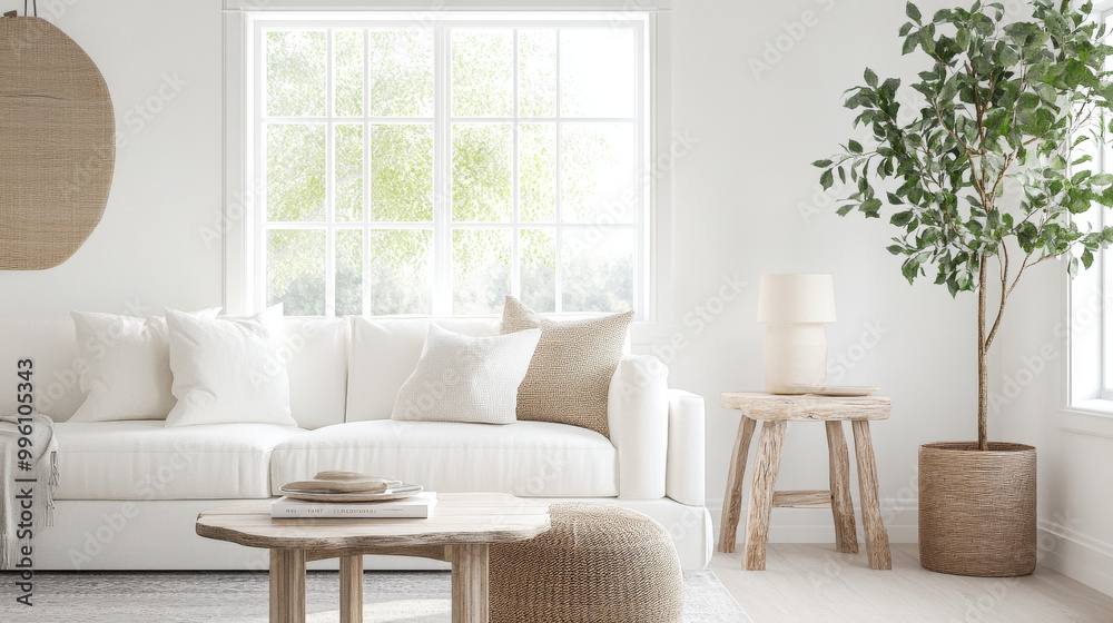 A bright and airy living room featuring white sofa adorned with soft pillows, wooden coffee table, and stylish plant. natural light enhances serene atmosphere A bright and airy living room featuring white sofa adorned with soft pillows, wooden coffee table, and stylish plant. natural light enhances serene atmosphere