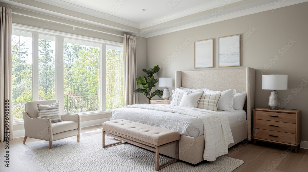 A serene bedroom featuring cozy bed, stylish decor, and large windows that invite natural light. neutral tones and greenery create calming atmosphere perfect for relaxation