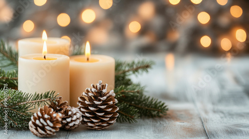 Cozy candles illuminate festive scene with pinecones and evergreen branches, creating warm and inviting atmosphere perfect for holiday season