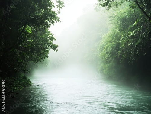 A tranquil river scene shrouded in mist, surrounded by lush greenery, evoking a serene and calming atmosphere.