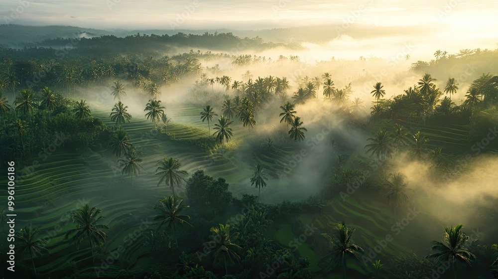 The rice terraces of Bali illuminated by the soft light of dawn, with mist hanging over the fields and palm trees swaying in the breeze. The rice terraces of Bali illuminated by the soft light of dawn, with mist hanging over the fields and palm trees swaying in the breeze.
