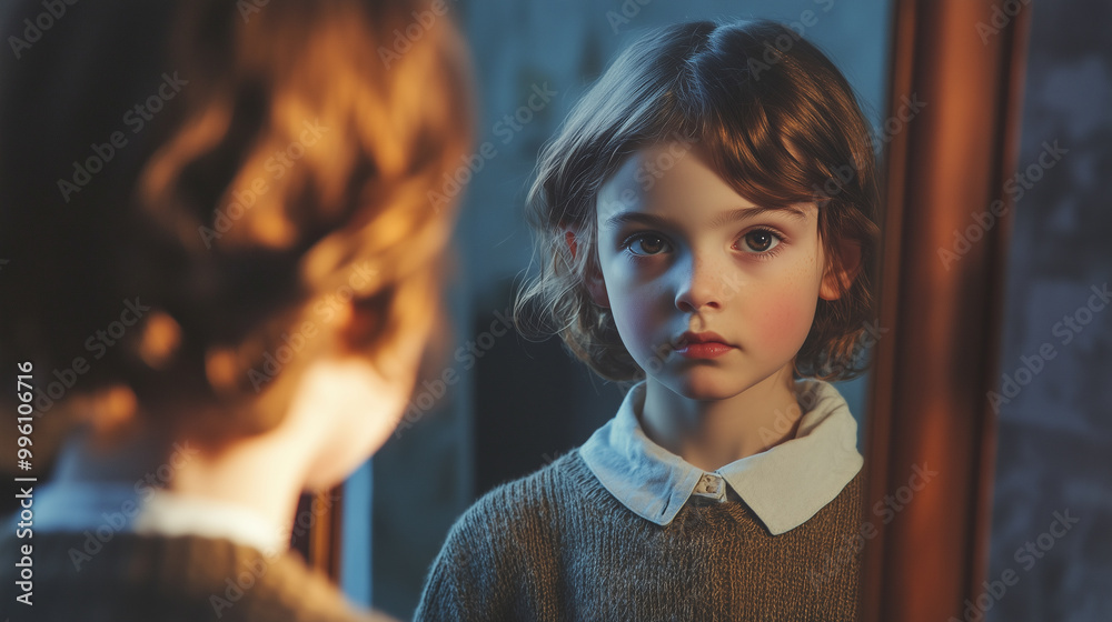 Little girl without emotions reflected in mirror Little girl without emotions reflected in mirror