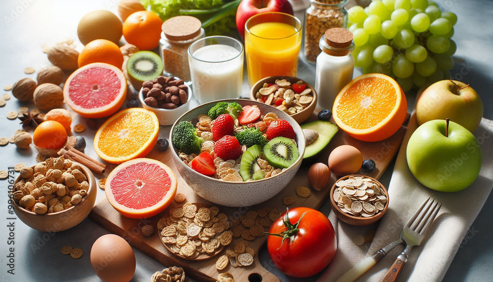 a bowl of cereal, fruit, nuts, and cereals are on a table healthy breakfast lifestyle a bowl of cereal, fruit, nuts, and cereals are on a table healthy breakfast lifestyle