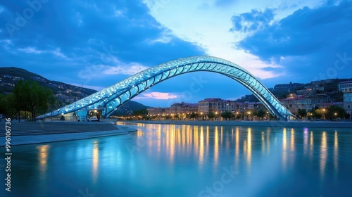 The striking modern Peace Bridge illuminated at dusk, arching over the Kura River in Tbilisi, Georgia.