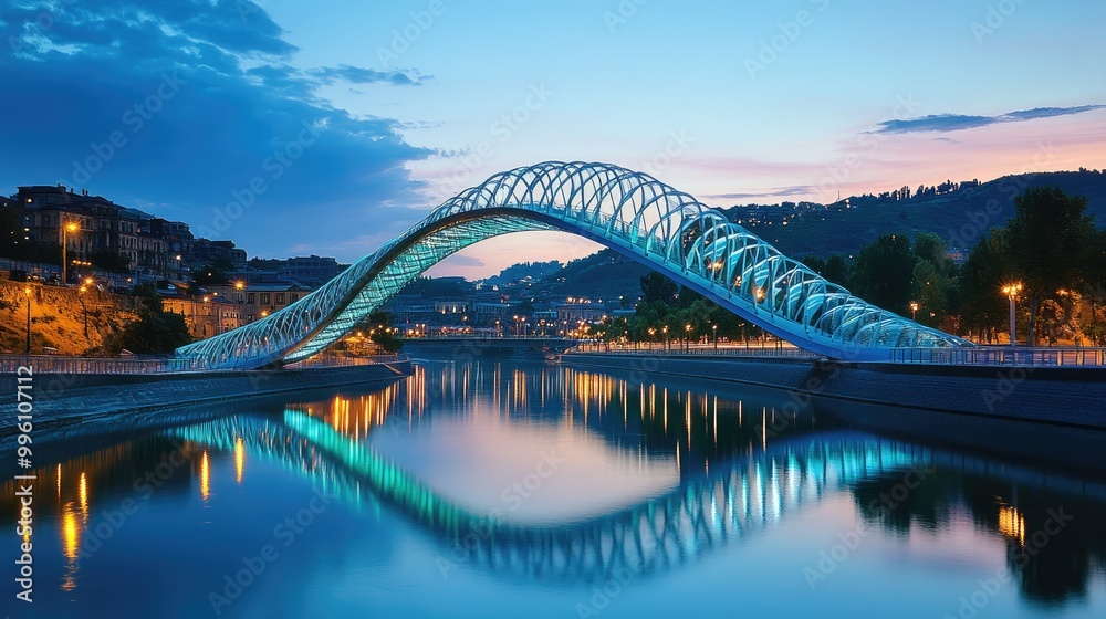 Naklejka premium The striking modern Peace Bridge illuminated at dusk, arching over the Kura River in Tbilisi, Georgia.