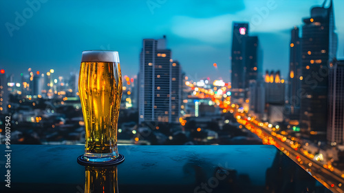 A cold pilsner being enjoyed on a rooftop bar overlooking a bustling city at night photo