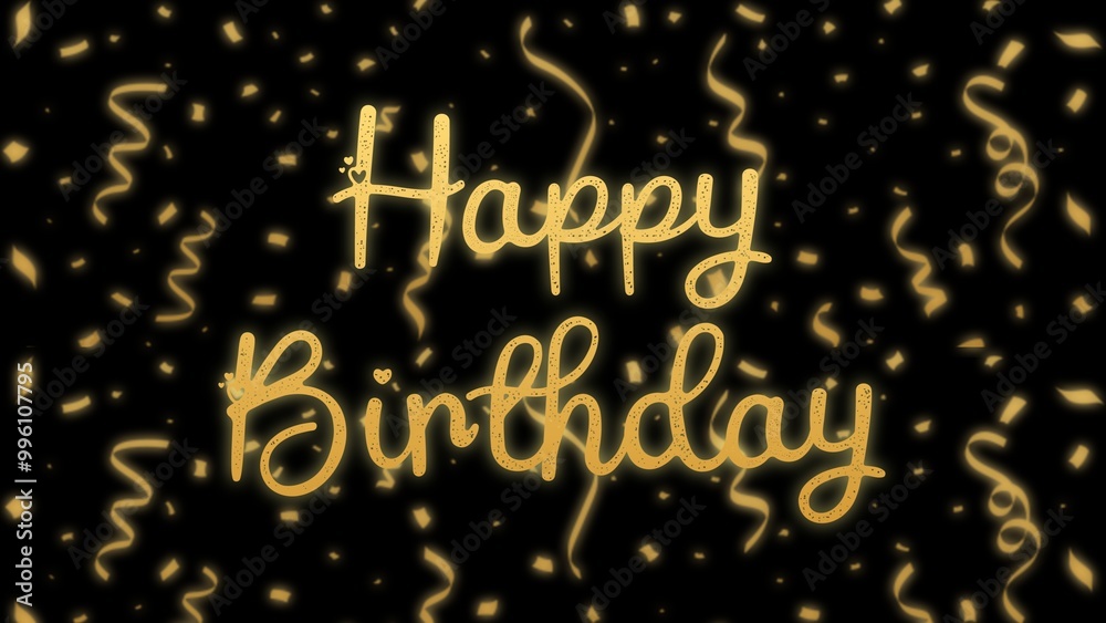 Happy birthday card, gold confetti, black background Happy birthday card, gold confetti, black background