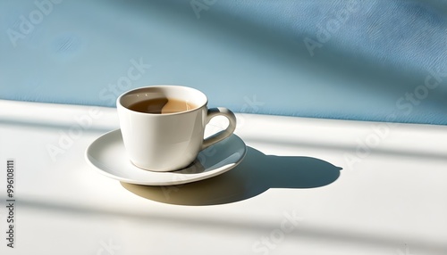 Sunlit white porcelain teacup and saucer on a bright table with a serene blue wall backdrop