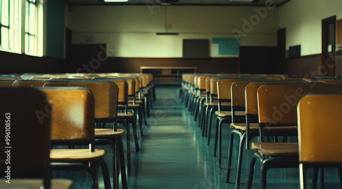 an empty school classroom with rows of desks and chairs, symbolizing the end of the year exam season