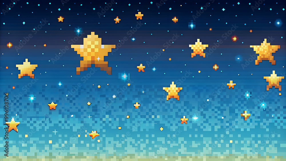Naklejka premium iPhone wallpaper featuring a pixel art starry scene , pixel art, iPhone, wallpaper, starry, scene, night, sky