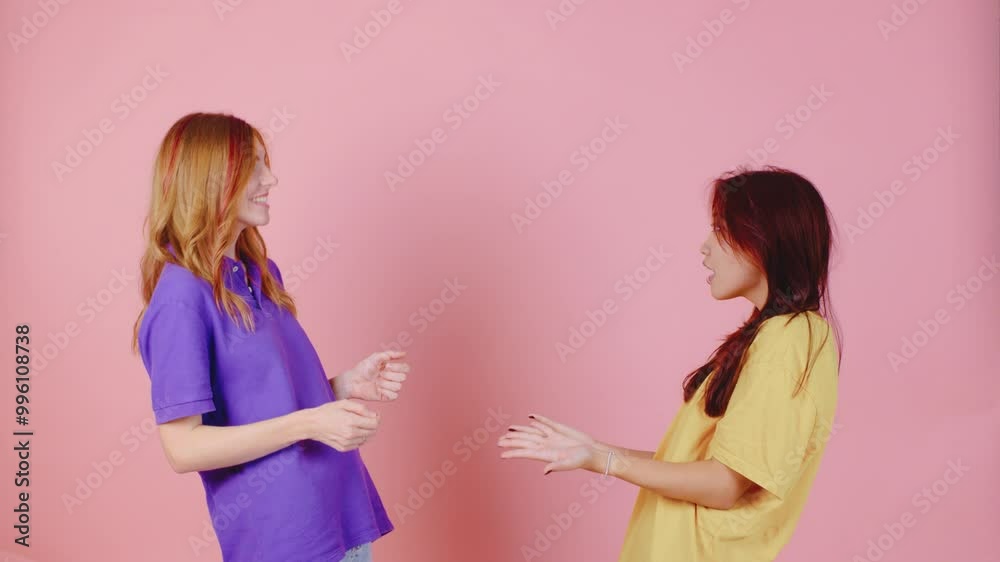 Two close friends chat animatedly against a pink background, dressed in colorful outfits, sharing joy through laughter and gestures, reflecting their vibrant, happy bond Two close friends chat animatedly against a pink background, dressed in colorful outfits, sharing joy through laughter and gestures, reflecting their vibrant, happy bond
