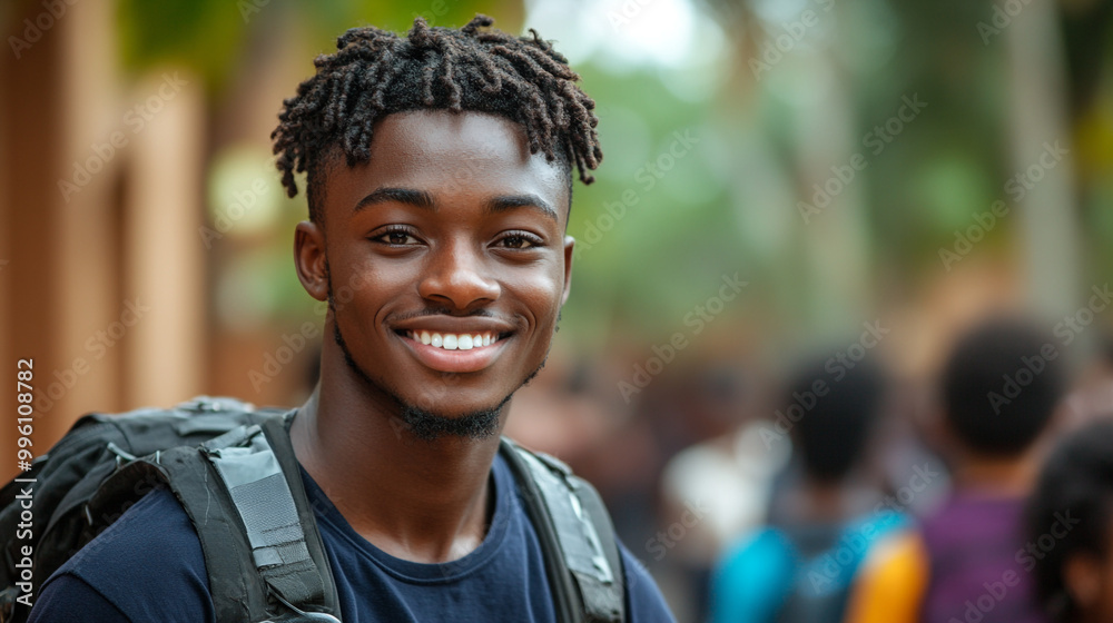 A cheerful young man with a backpack smiles warmly in a vibrant outdoor setting, radiating positivity and youthful energy. A cheerful young man with a backpack smiles warmly in a vibrant outdoor setting, radiating positivity and youthful energy.