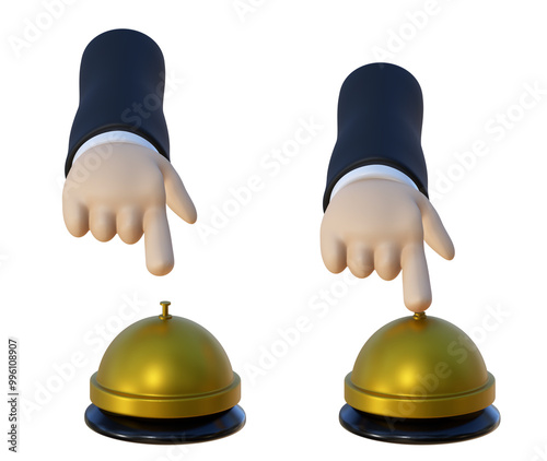 3d service bell icon with hand pushing isolated on png transparent background.