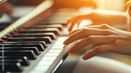 A close-up shot of a woman's hands playing a grand piano.