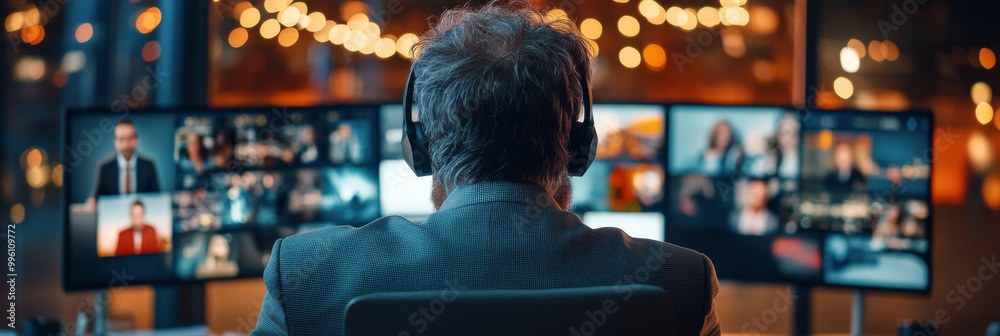 A focused man wearing headphones is engaged in virtual meeting, surrounded by multiple screens displaying various participants. warm bokeh lights in background create vibrant atmosphere, enhancing sen A focused man wearing headphones is engaged in virtual meeting, surrounded by multiple screens displaying various participants. warm bokeh lights in background create vibrant atmosphere, enhancing sen