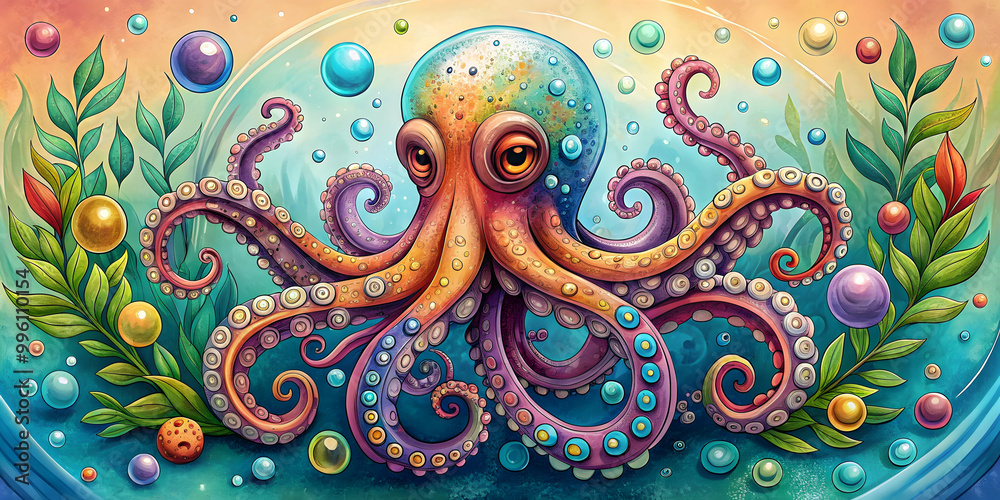 Coloring and tattoo design featuring a whimsical octopus surrounded by colorful bubbles and seaweed, coloring Coloring and tattoo design featuring a whimsical octopus surrounded by colorful bubbles and seaweed, coloring