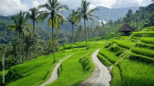 The winding paths of the Bali rice terraces, with palm trees and small wooden huts scattered throughout the green expanse.