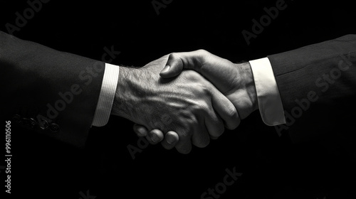 A powerful handshake symbolizes trust and partnership, showcasing two hands coming together in professional setting. This image captures essence of collaboration and agreement