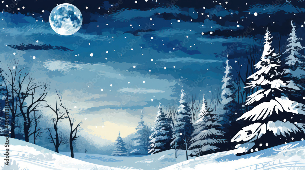 Naklejka premium Snowy Christmas landscape illustration