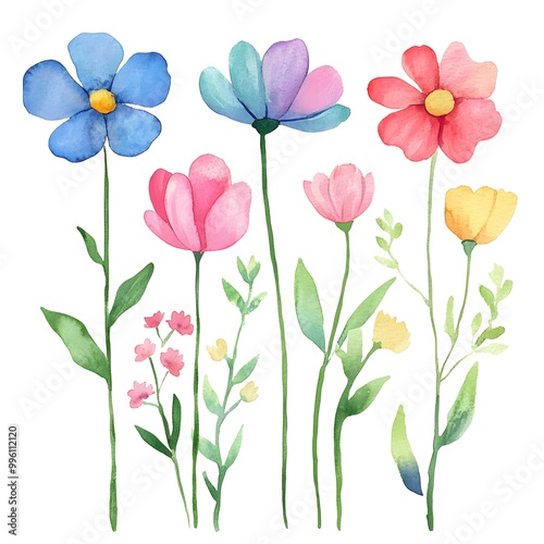 Different different Cute spring flowers, clipart, watercolor illustration, simple clean line art, white background, colorful,