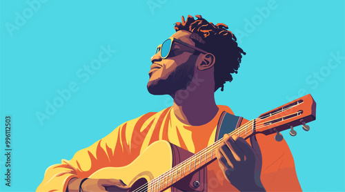 vector man with guitar on background sky .Generative AI