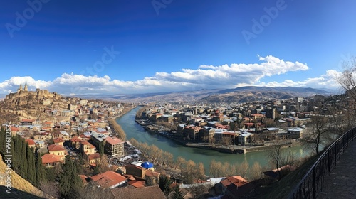 View from Narikala Fortress, overlooking the Old Town and modern skyline of Tbilisi, with the Kura River winding through.