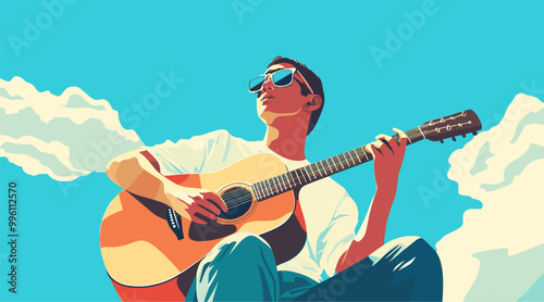 vector man with guitar on background sky .Generative AI