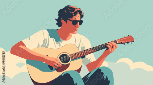 vector man with guitar on background sky .Generative AI