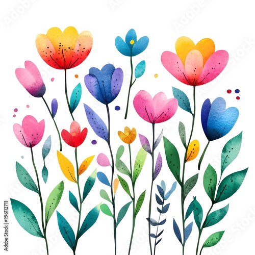 Different different Cute spring flowers, clipart, watercolor illustration, simple clean line art, white background, colorful,