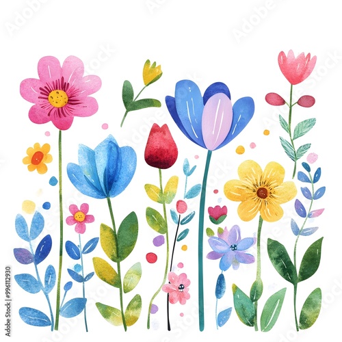 Different different Cute spring flowers, clipart, watercolor illustration, simple clean line art, white background, colorful,