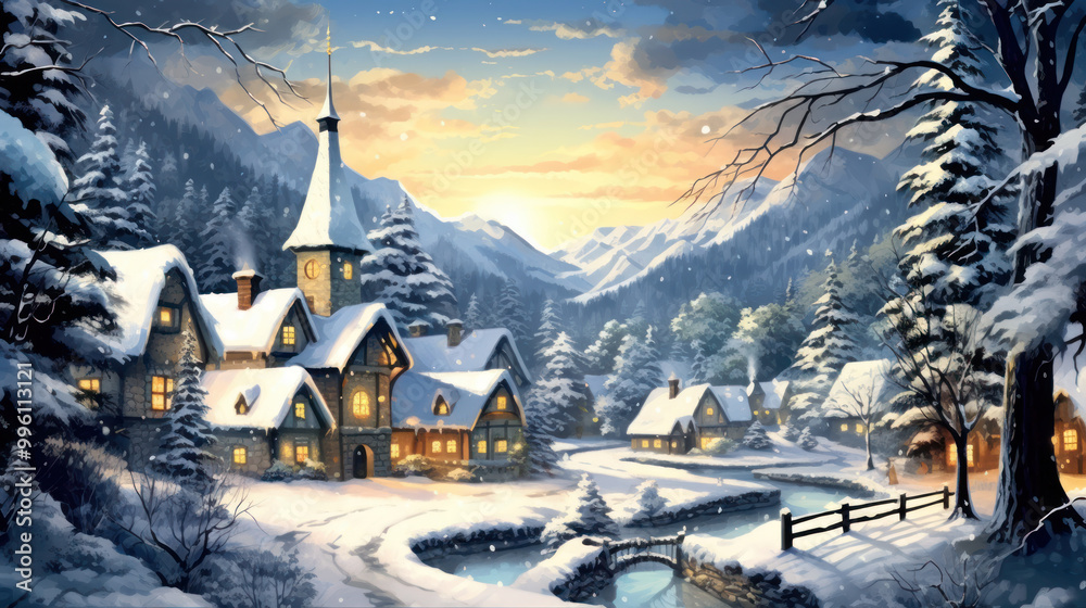 Snowy Christmas landscape illustration Snowy Christmas landscape illustration