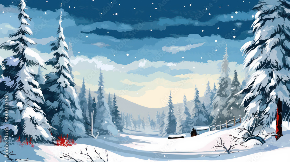 Fototapeta premium Snowy Christmas landscape illustration
