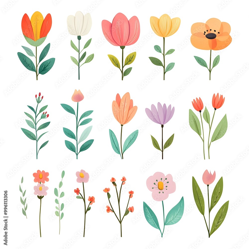 Different different Cute spring flowers, clipart, watercolor illustration, simple clean line art, white background, colorful, Different different Cute spring flowers, clipart, watercolor illustration, simple clean line art, white background, colorful,