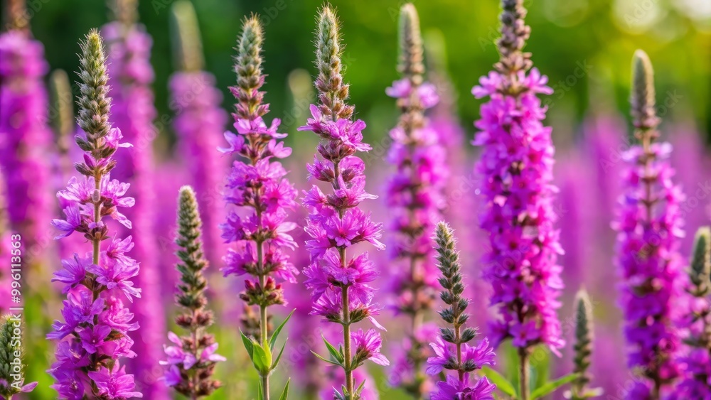 Naklejka premium Purple loosestrife flowers are blooming in a field on a sunny summer day