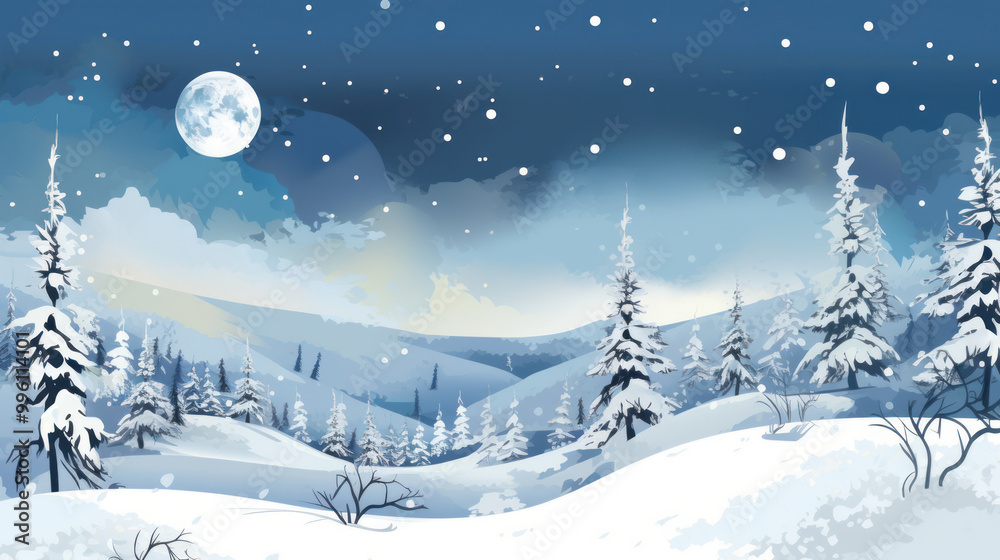 Fototapeta premium Snowy Christmas landscape illustration