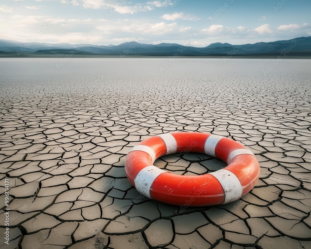Naklejka premium Lifebuoy stranded in a driedup lake, symbolizing the risk of disaster from water scarcity, vivid colors, crisis concept, highresolution