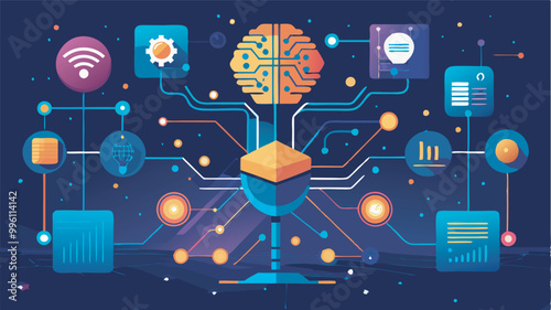 An artwork illustrating AI as interconnected pathways from a brain-like structure, merging human and artificial intelligence across technology, data, and the environment.