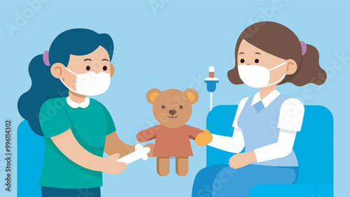 Image shows nurse and girl in masks, room with pink sofa. Nurse holds IV bag, girl with teddy bear holds thermometer. Scene conveys warmth, care.