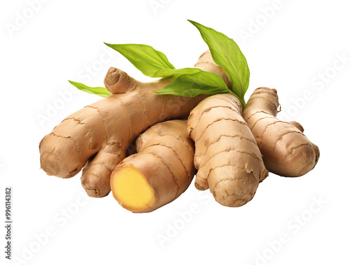 a group of ginger root with leaves