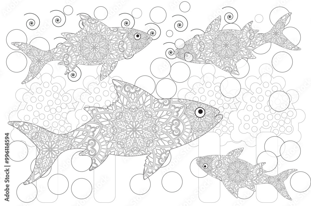 Black and white illustration of fish. Coloring book antistress for children and adults. Illustration isolated on white background Black and white illustration of fish. Coloring book antistress for children and adults. Illustration isolated on white background