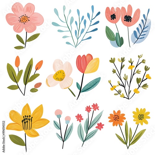 Many species of Cute spring flowers, clipart, watercolor illustration, simple clean line art, white background, colorful,