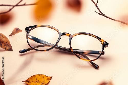 Stylish glasses in a tortoiseshell plastic frame on beige background with autumn leaves. Trendy eyewear minimal still life. Optic store discount, sale. Trendy eyewear photography. Unisex eyeglasses