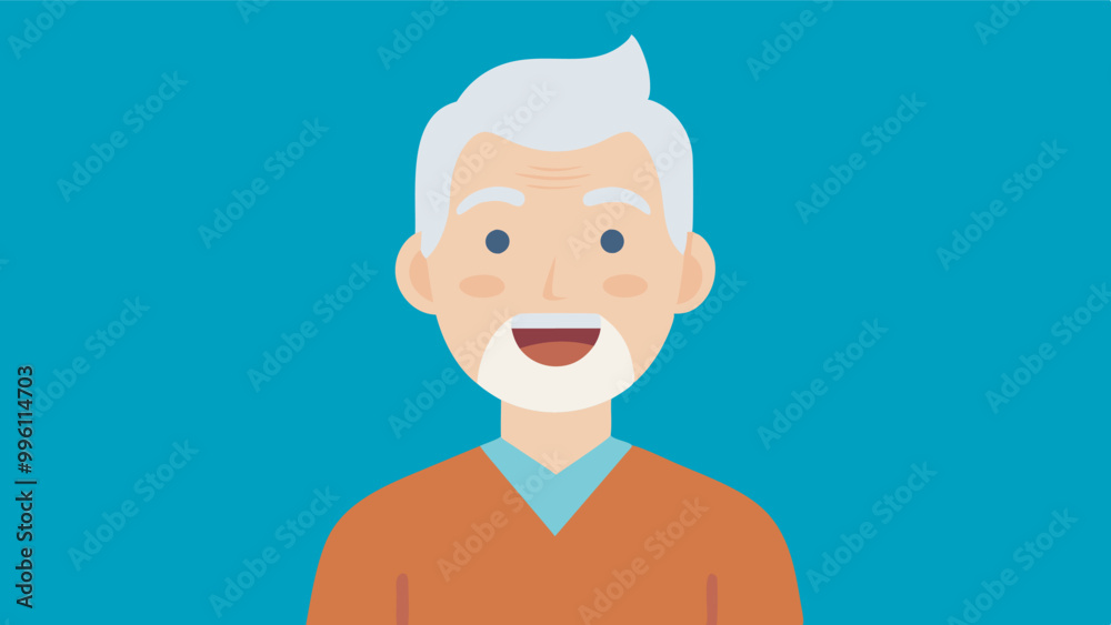 The image shows a smiling old man in white hair and beard, wearing an orange shirt in a peaceful blue backdrop, possibly on a TV screen. The image shows a smiling old man in white hair and beard, wearing an orange shirt in a peaceful blue backdrop, possibly on a TV screen.