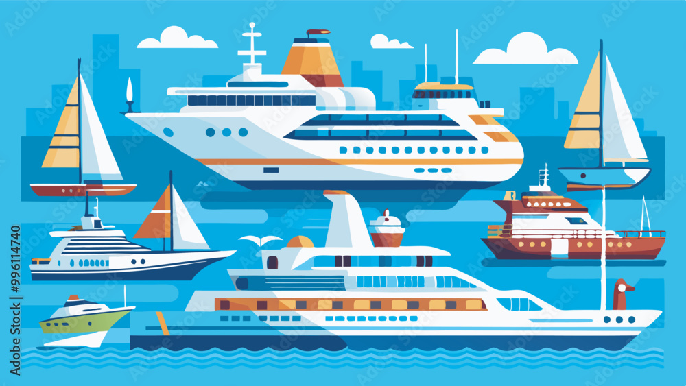 A vibrant harbor scene with a cruise ship, boats, and birds. Buildings in the background hint at a nearby downtown area. Clear sky adds to picturesque setting. A vibrant harbor scene with a cruise ship, boats, and birds. Buildings in the background hint at a nearby downtown area. Clear sky adds to picturesque setting.