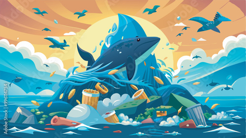 A sad whale in polluted ocean surrounded by plastic waste, with seagulls nearby. Gloomy scene with cloudy sky, distant people in background.