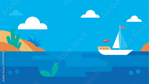 White sailboat with red flag on blue sea, under a blue sky with white clouds. Island with greenery visible. Tranquil, serene seascape scene.