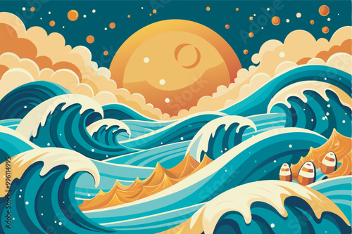 An artistic blend of moonlit night and sunset over a stylized ocean scene, featuring fishermen in a boat with vibrant colors and dynamic waves.